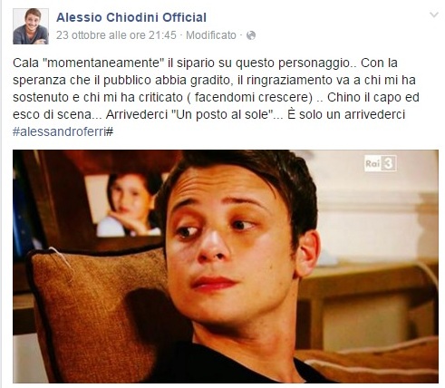 Alessio Chiodini dà l'arrivederci ai fan di Un posto al sole